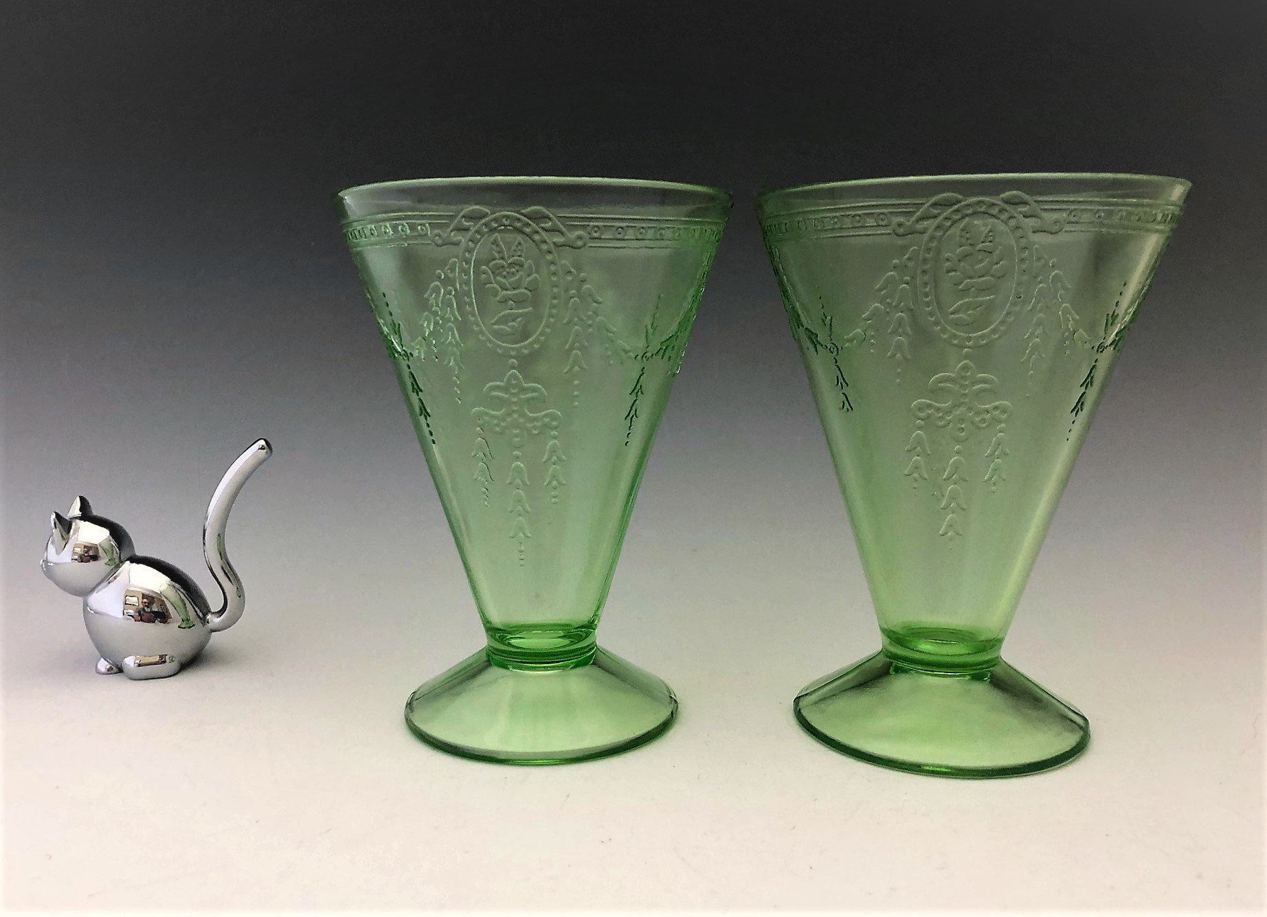 Set of 2 Rose Cameo Green Depression Glass Tumblers Uranium Glass