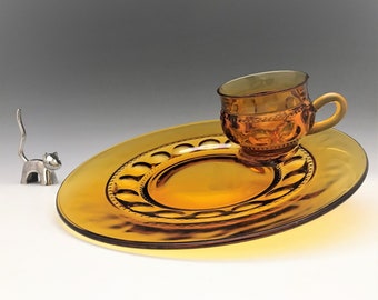 Indiana Glass King's Crown Amber Luncheon Plates and Cups - Thumbprint Design - Set of Two Plates and Two Cups