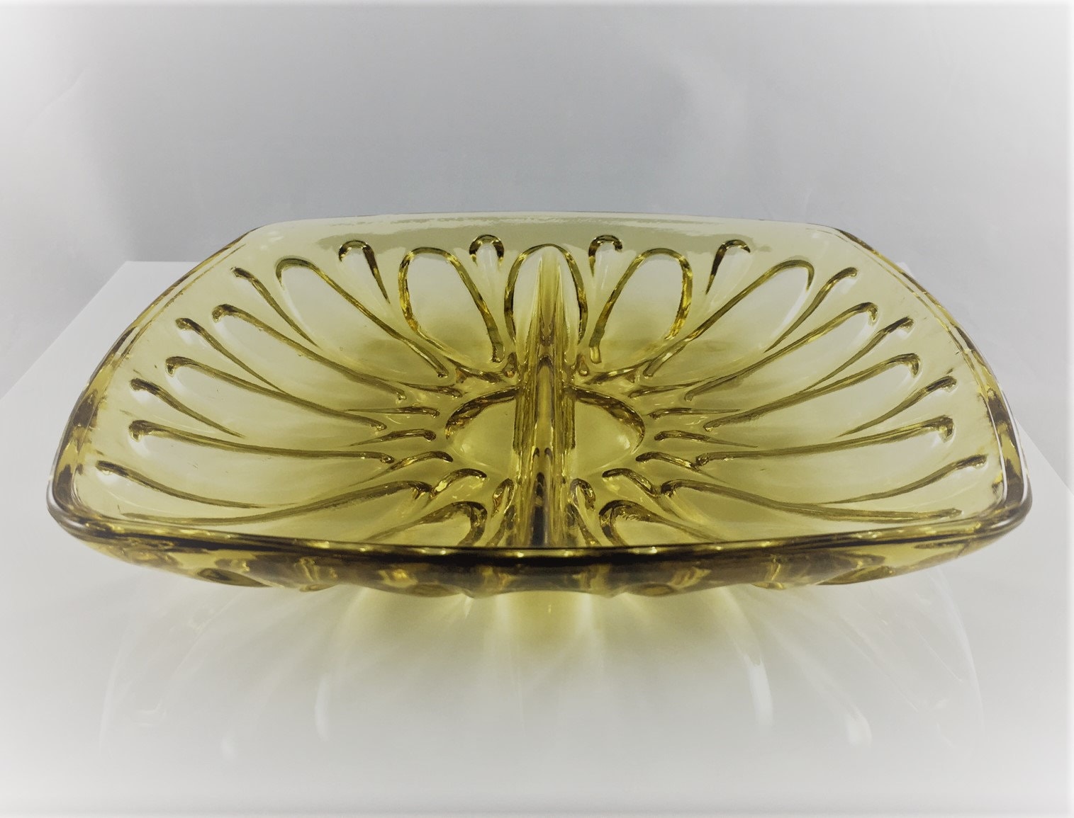 Set of Two Topaz Divided Dishes Unique Yellow Glass Dishes Vintage