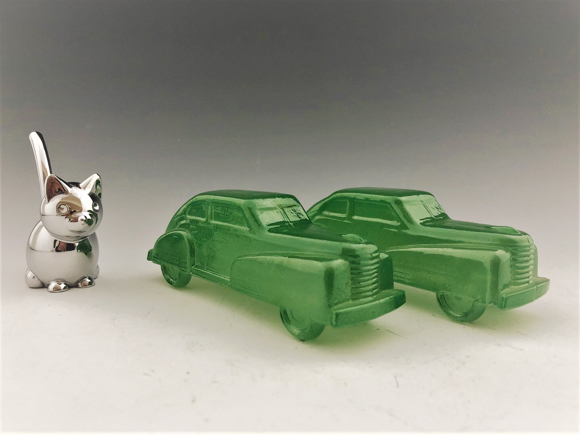 Vintage Green Glass Cars Early Candy Holder Iridescent Glass Car