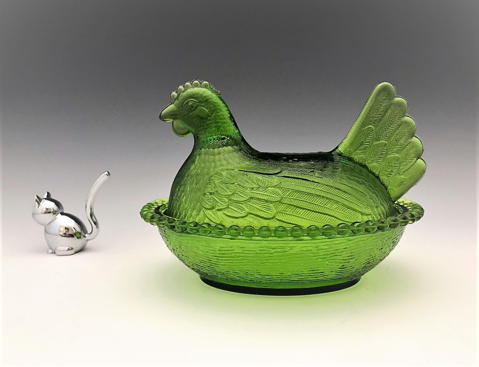 Collectible Glass Candy Dish Green Glass Nesting Hen Art & Collectibles