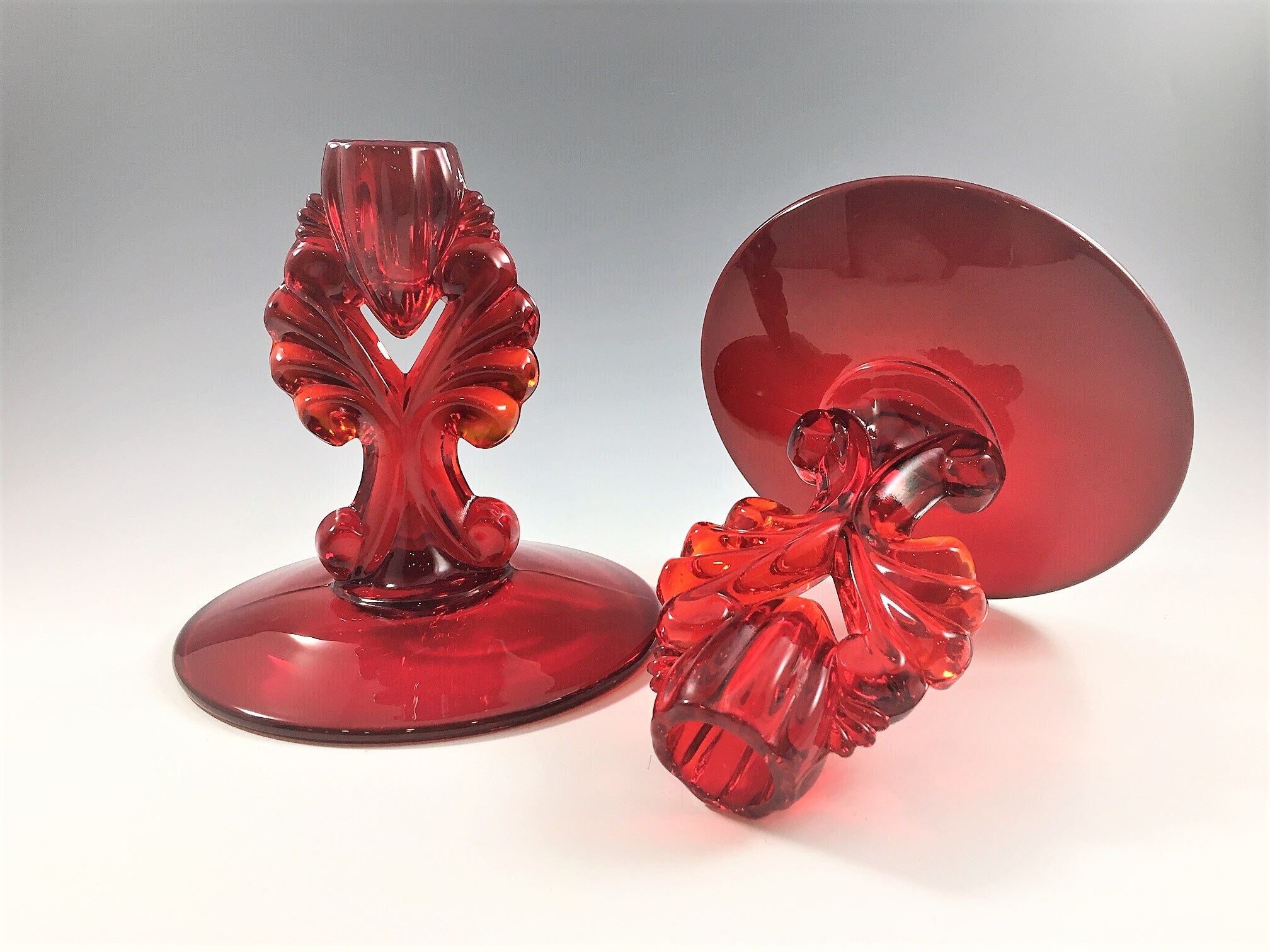Stunning Pair of Red Glass Candlestick Holders New Martinsville