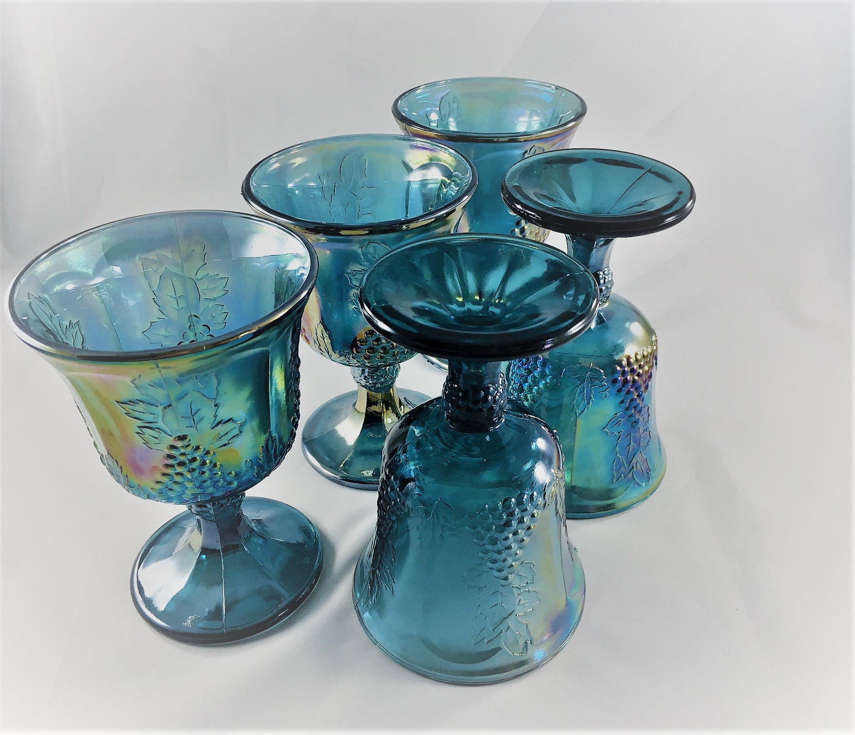 Set of 5 Blue Carnival Glass Goblets Harvest Carnival Blue Indiana/Colony Glass Grape and