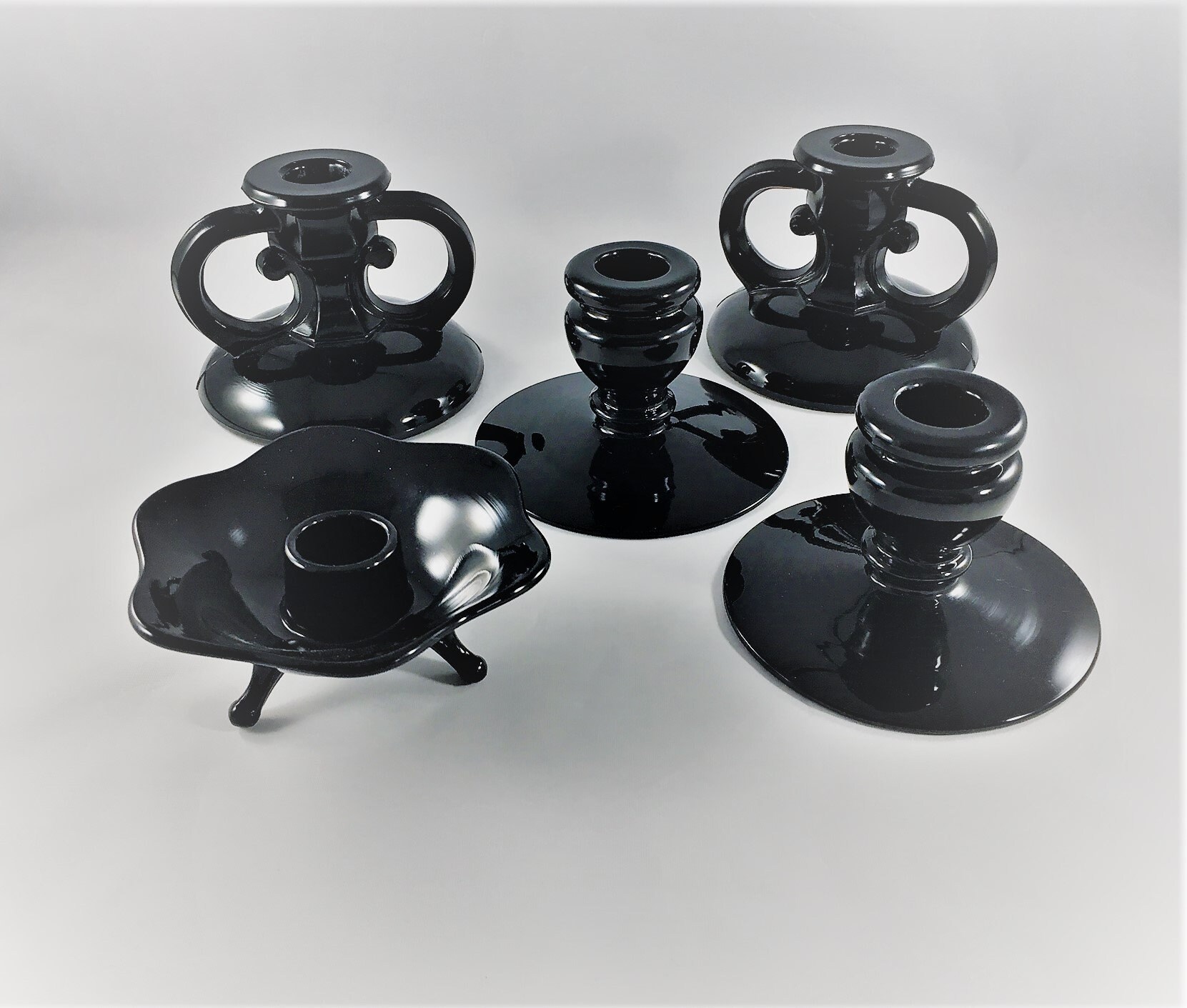 Collection of 5 Ebony Glass Candle Holders Onyx Glass Vintage Black