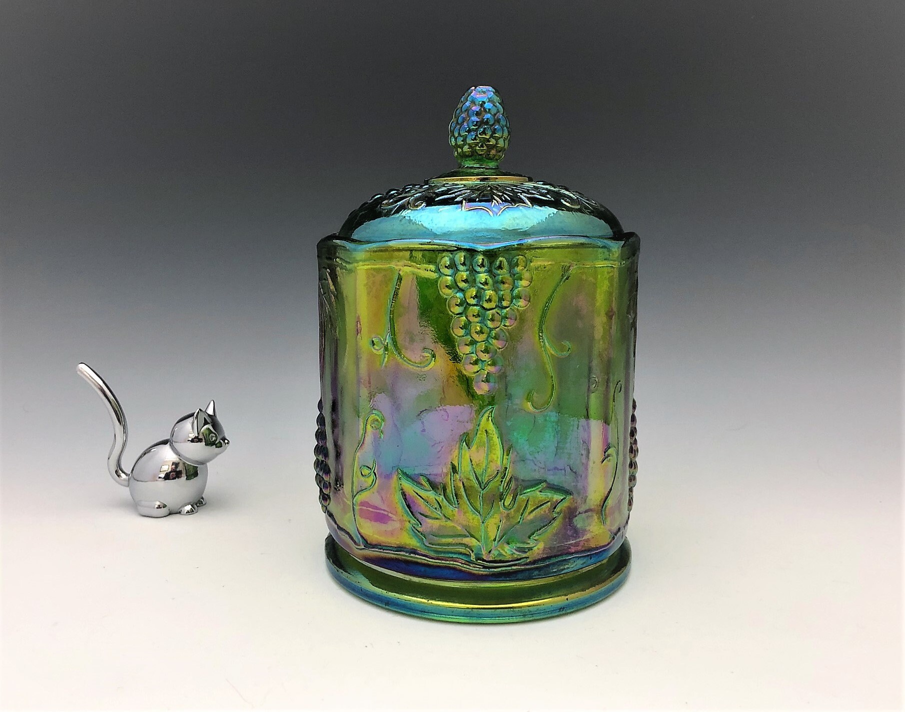 Indiana Harvest Iridescent Green Glass Jar Green Carnival Glass Canister