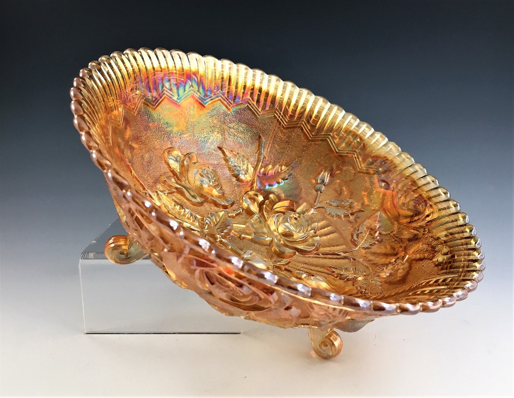 Vintage Carnival Glass Footed Bowl Imperial Glass Open
