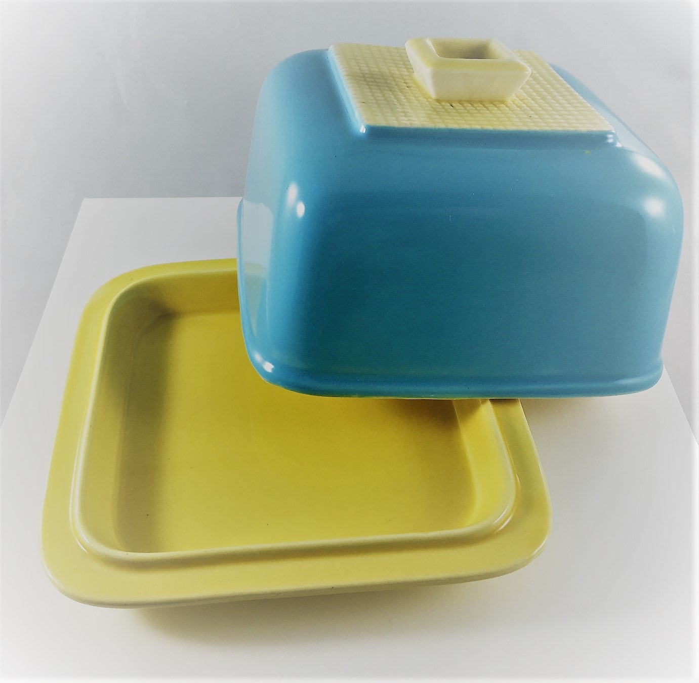 Vintage Mid Century Ceramic Butter Dish Covered Blue and Yellow