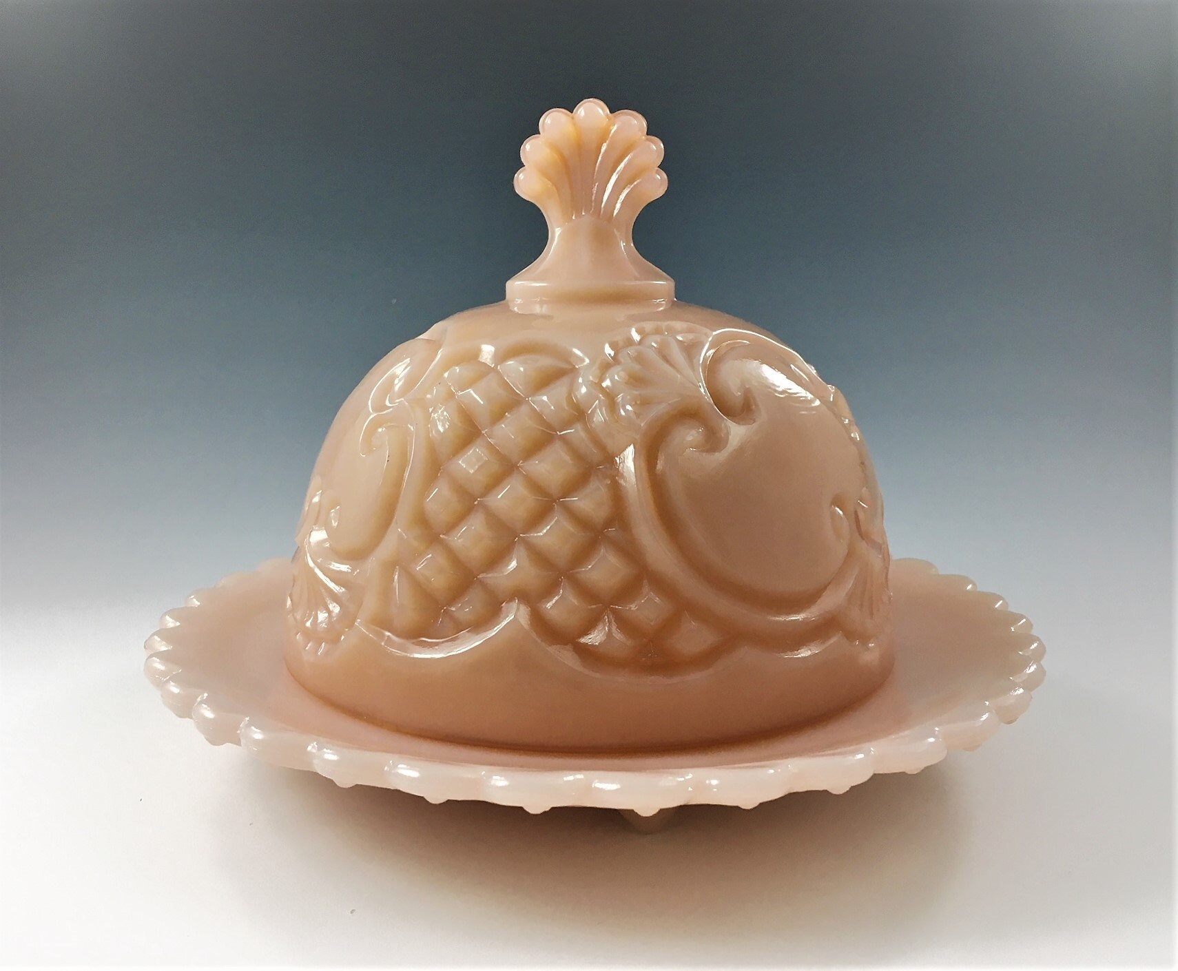 Vintage Pink Milk Glass Covered Butter Dish Mosser Crown Tuscan