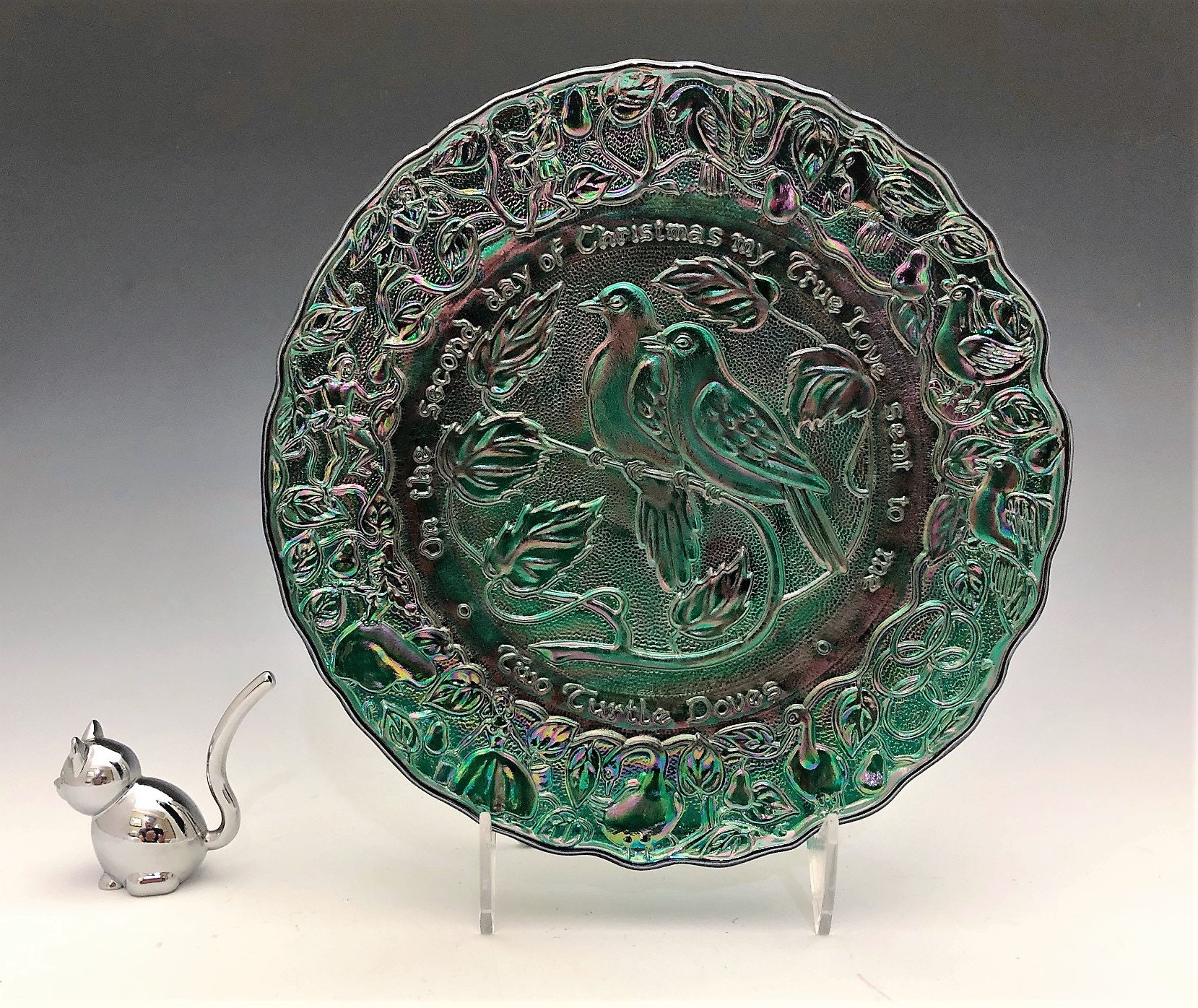 Imperial Glass Iridescent Christmas Plate Two Turtle Doves 12 Days