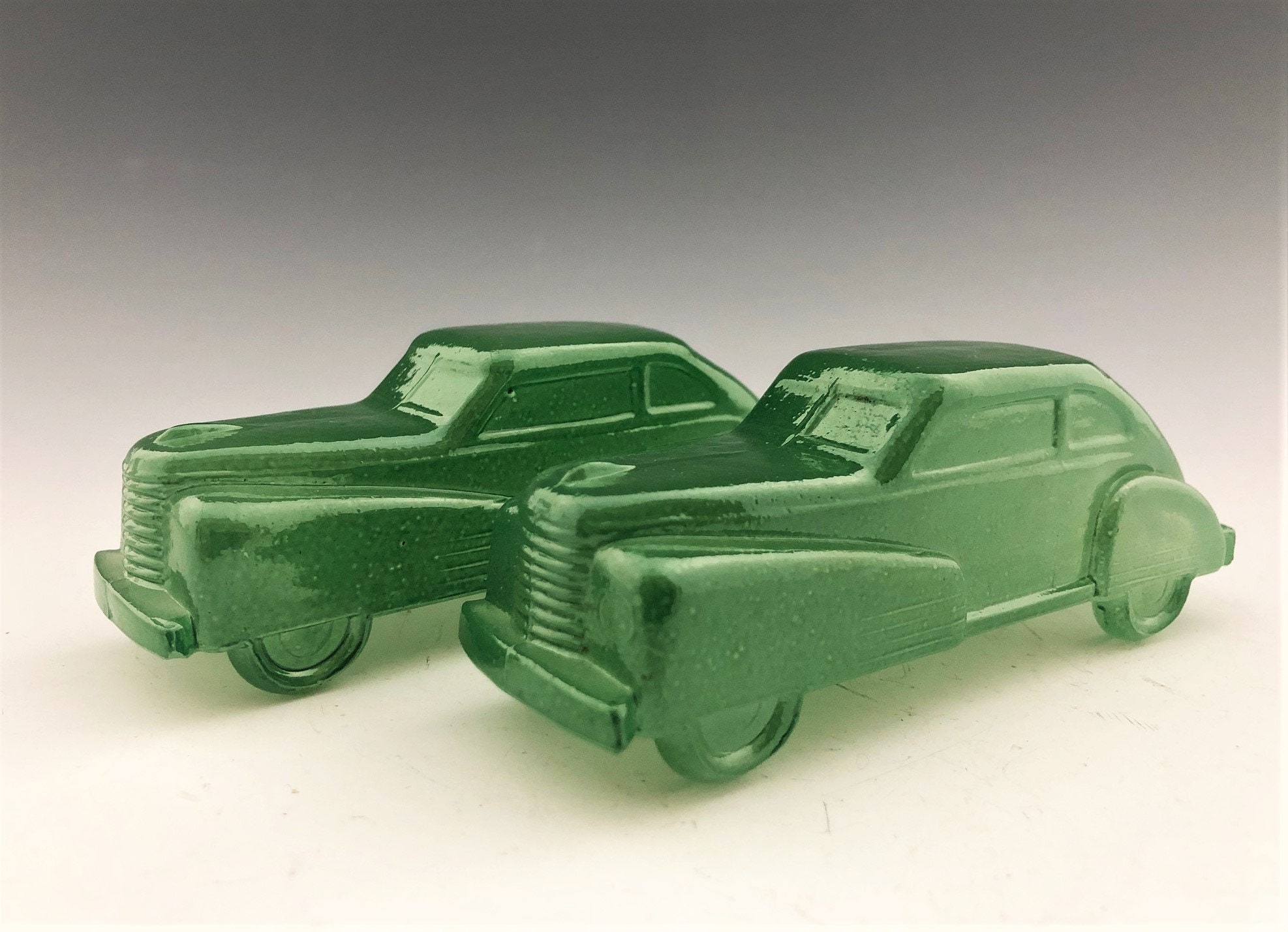 Vintage Green Glass Cars Early Candy Holder Iridescent Glass Car