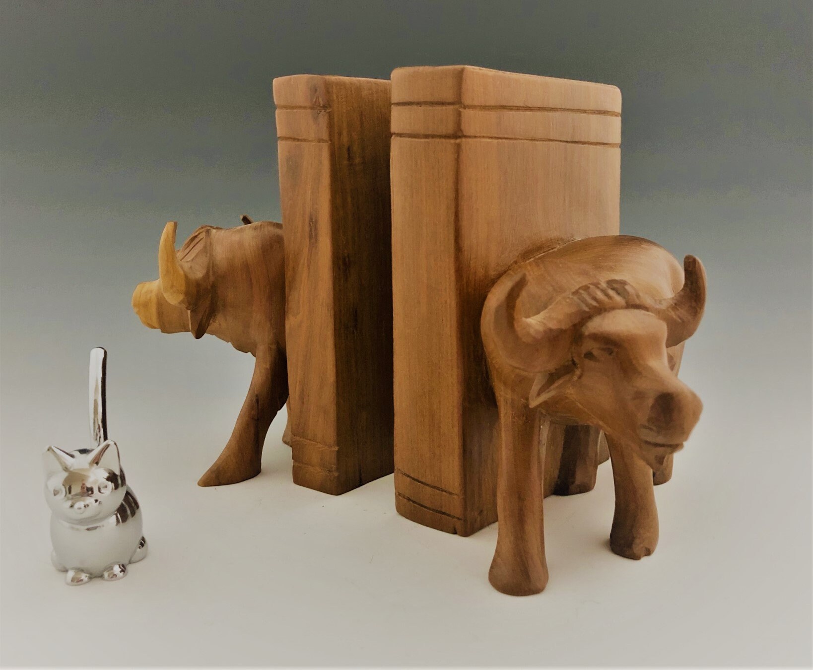 Vintage Wooden Cow or Ox Bookends Water Buffalo or Steer Bookends