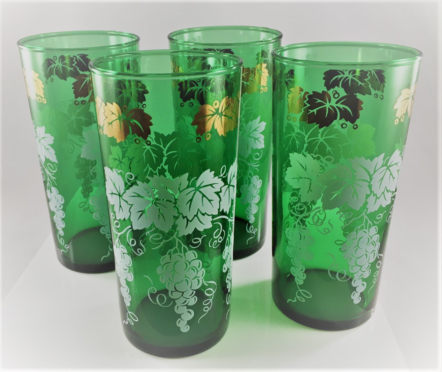 Set of 4 Mid Century Glass Tumblers MCM Barware Green Glasses