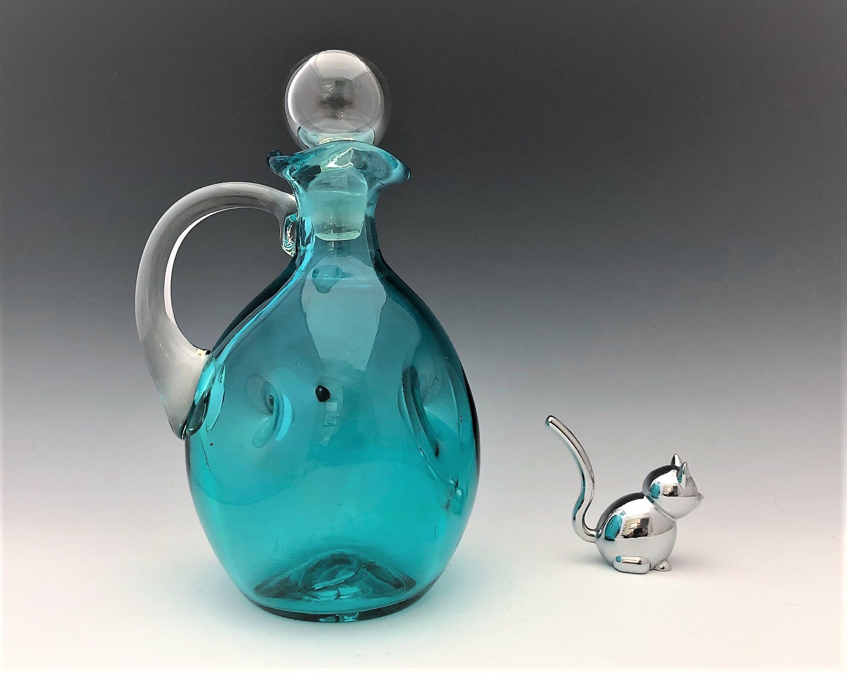 Hand Blown Blue Pinched Glass Decanter With Stopper and Applied Handle