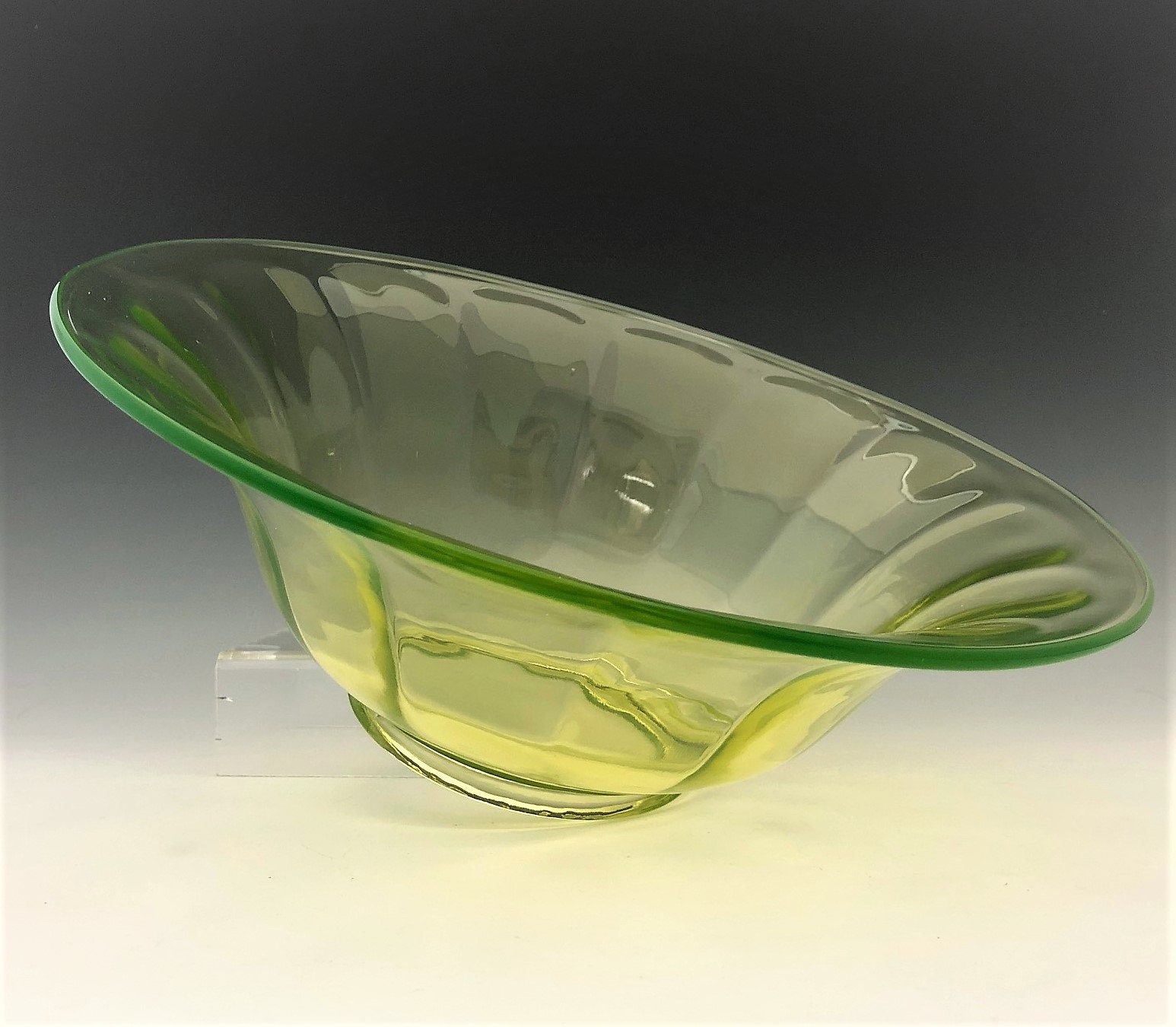 Imperial Vaseline Glass Wide Panel Bowl No 6569/2B Large Console Bowl Glowing Glass Bowl
