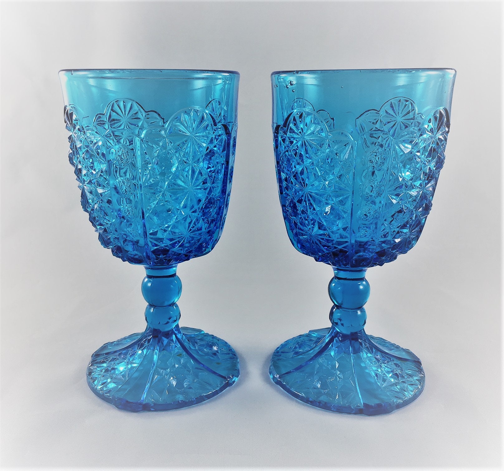 Sapphire Blue Daisy and Button Goblets Vintage Blue Wine Glasses