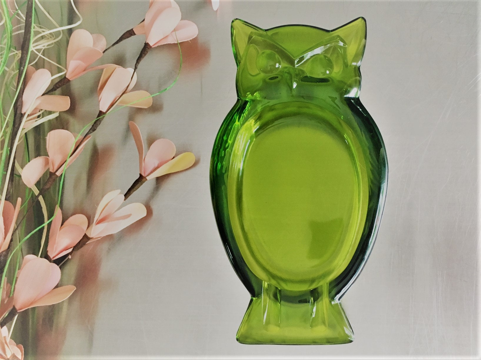 Viking Glass USA Green Owl Ashtray Mid Century Modern Owl Trinket Dish