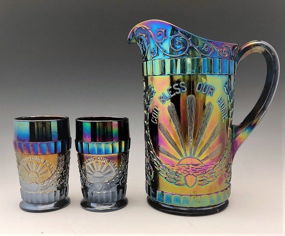 L.G. Wright God and Home Water Set Dark Carnival Glass Made by Mosser Glass  Pitcher and 6 Tumblers 