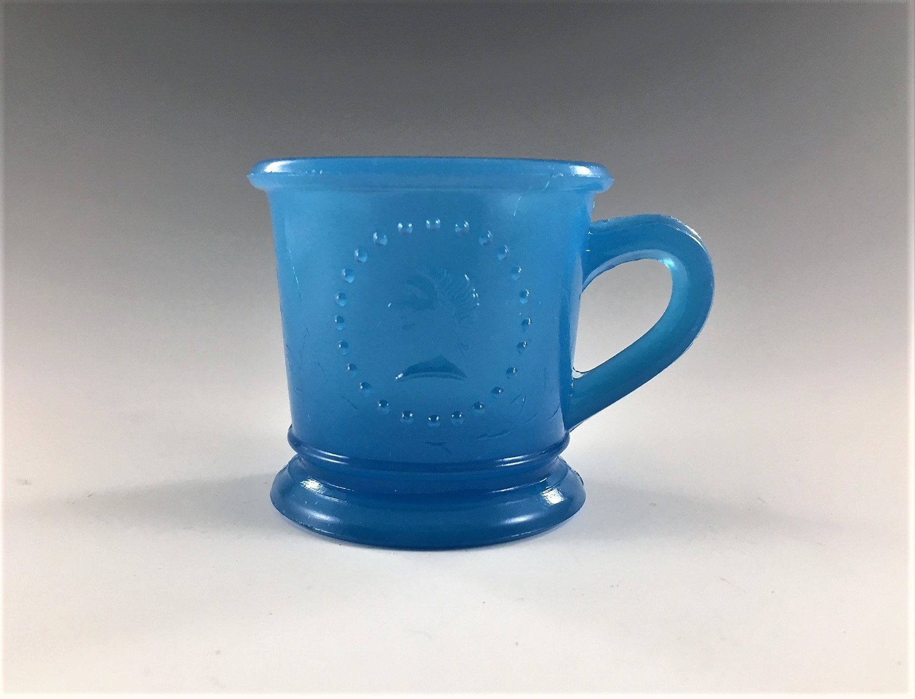 EAPG Blue Milk Glass Mug Atterbury and Company Medallion (OMN