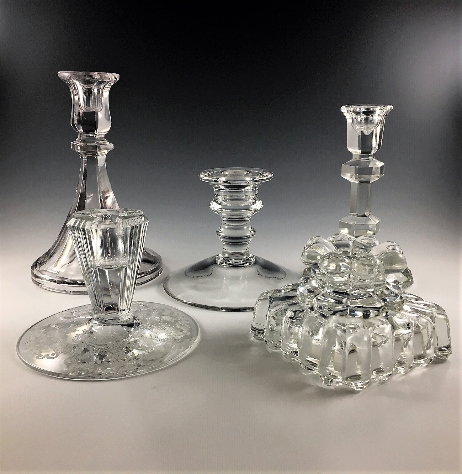 Collection of 5 Vintage Clear Glass Candlestick Holders Elegant