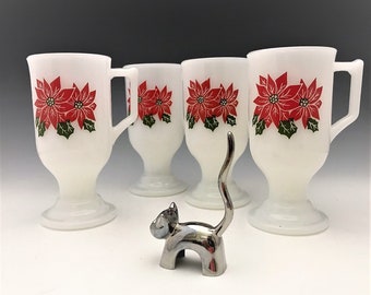 Set of 4 Federal Glass Poinsettia Irish Coffee Mugs - Vintage Milk Glass Mugs
