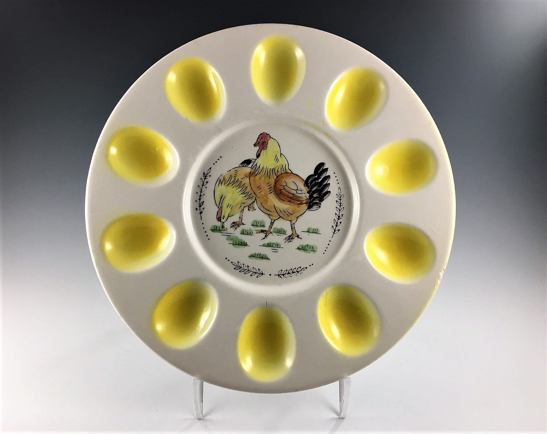 Vintage Farmhouse Ceramic Egg Plate Chicken Motif Country Kitchen