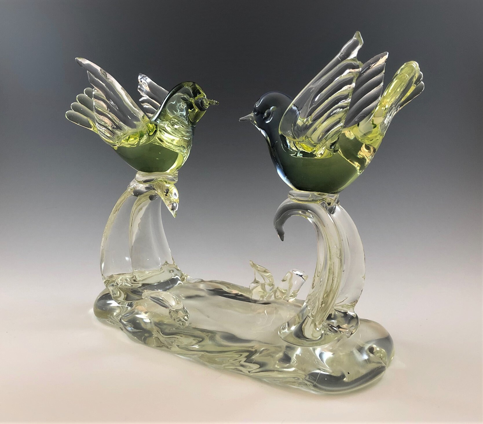 Vintage Art Glass Bird Sculpture Two Glass Flying Birds Yellow