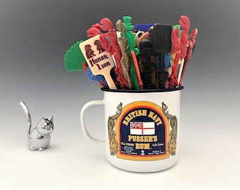 Pusser's Rum British Navy Enamel Mug and 100 Vintage Swizzle Sticks - Instant Collection