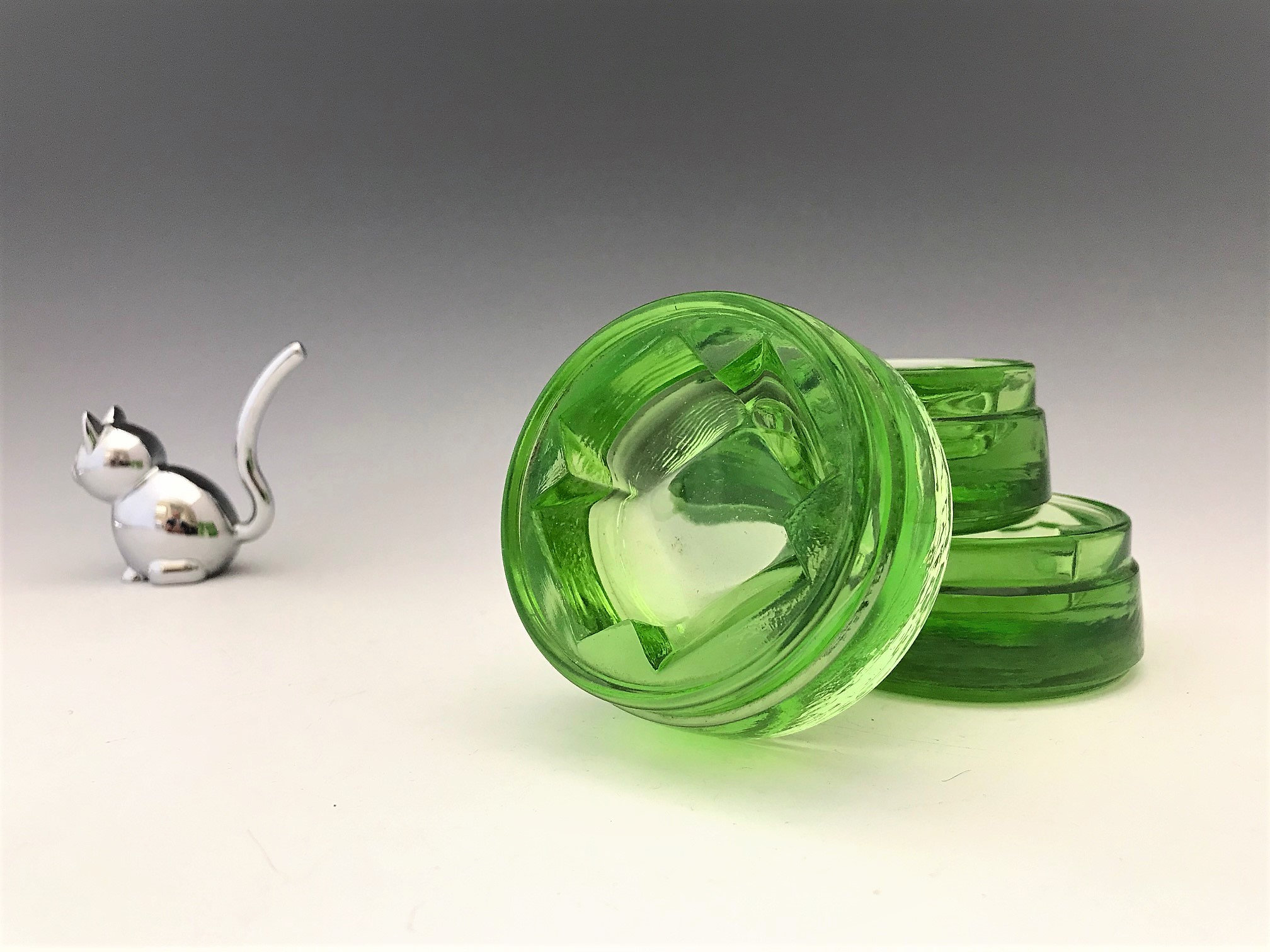 Set of 3 Uranium Glass Furniture Casters Glowing Green Depression