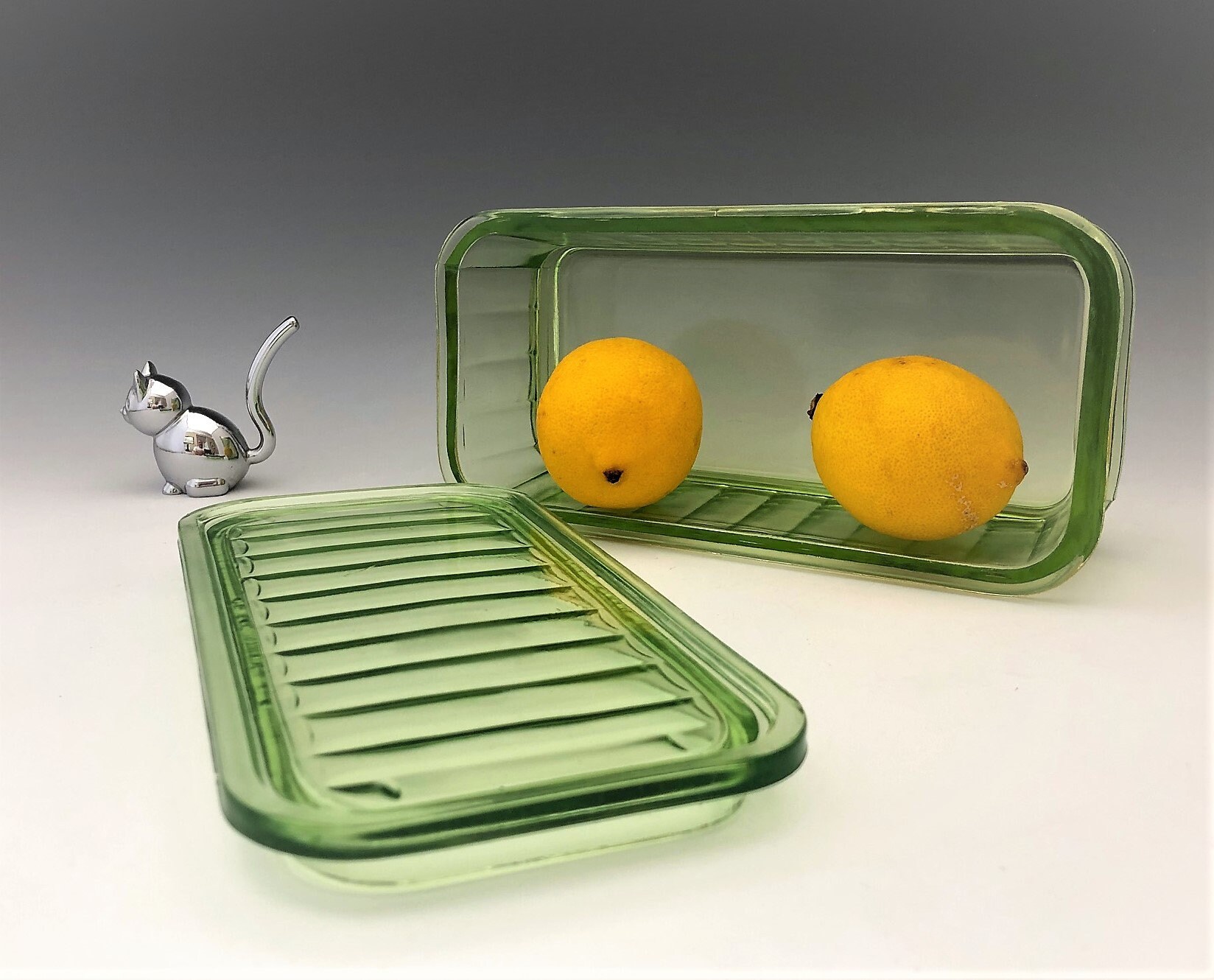 Hocking Glass Covered Refrigerator Dish Glowing Uranium Glass Green