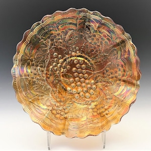 Vintage Carnival Low Ruffled Bowl - Imperial Glass - Imperial Grape Pattern - Marigold Bowl