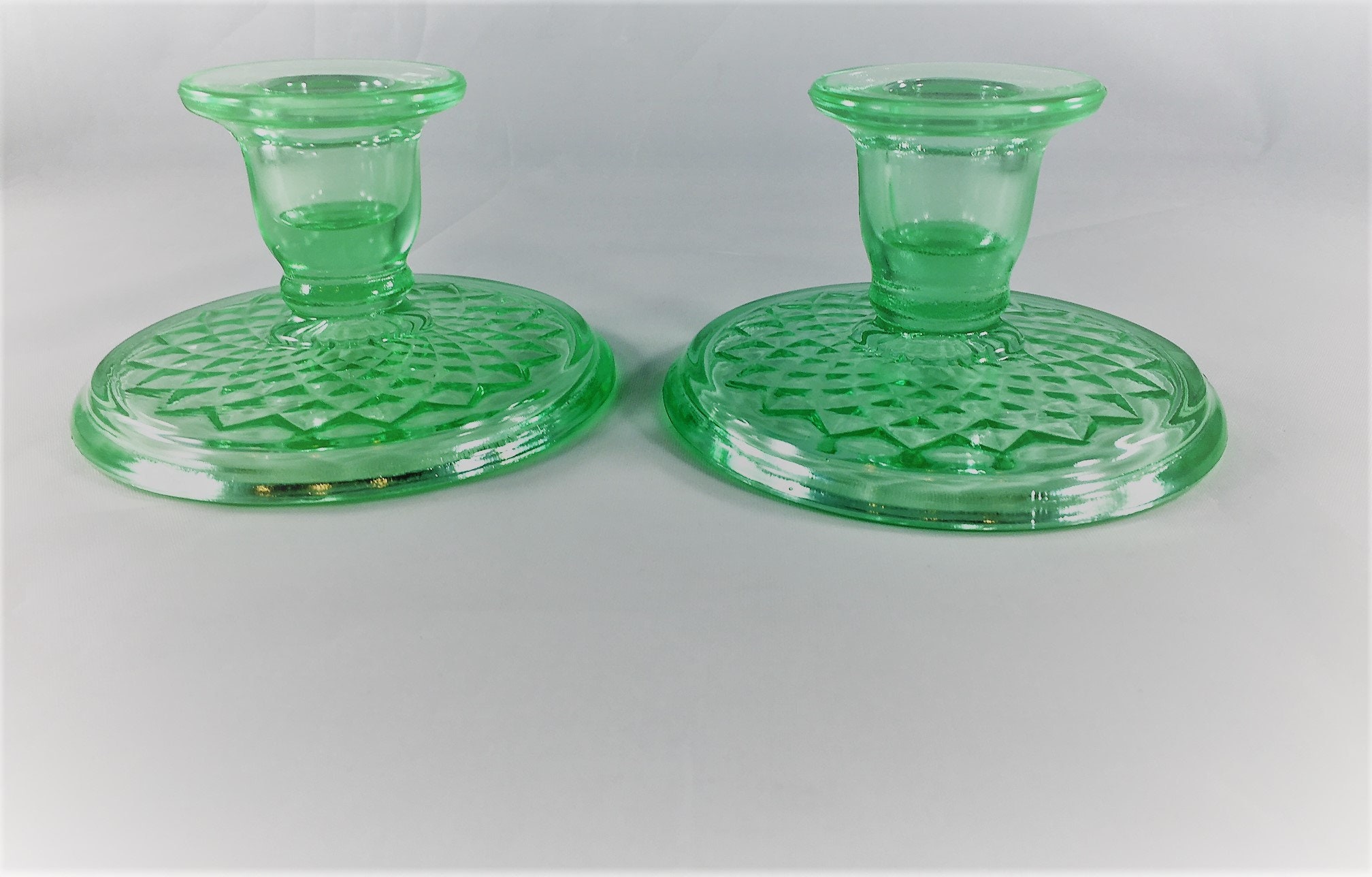 Collection of 9 Vintage Candle Holders Green Depression Glass