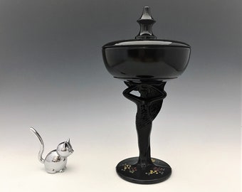 L.E. Smith Carrie Candy Dish - Hard to Find Black Glass Covered Candy Dish With Enamel Floral Decoration