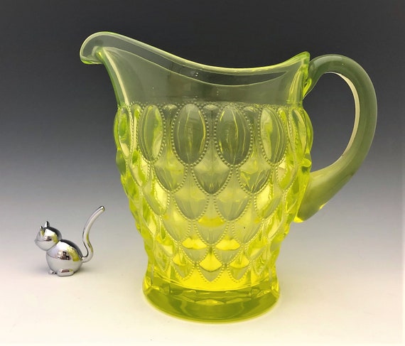 Mosser Vaseline Glass Pitcher - Elizabeth Pattern - Beaded Oval