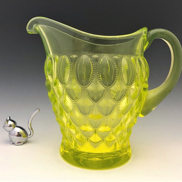 Mosser Vaseline Glass Pitcher - Elizabeth Pattern - Beaded Oval Motif - Fostoria No, 1229 Frisco Reproduction - Glowing Glass Pitcher