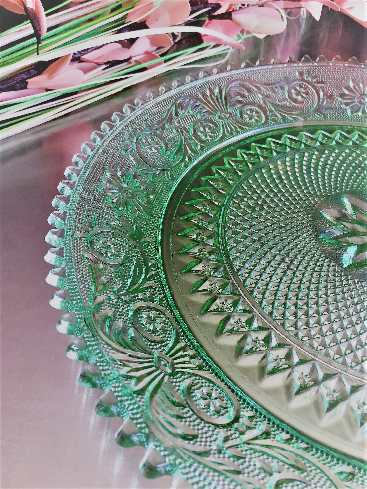 Tiara Glass Cake Plate Sandwich Light Green Torte Plate Chantilly