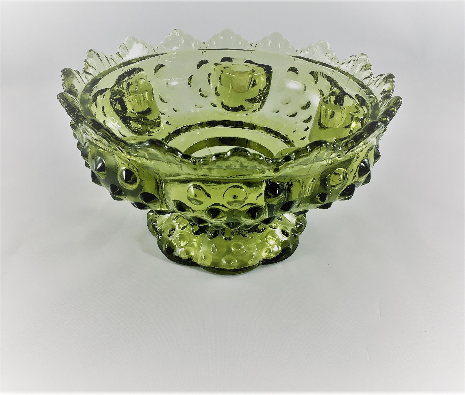 Vintage Fenton Green Glass Candlestick Bowl Hobnail Candle Holder