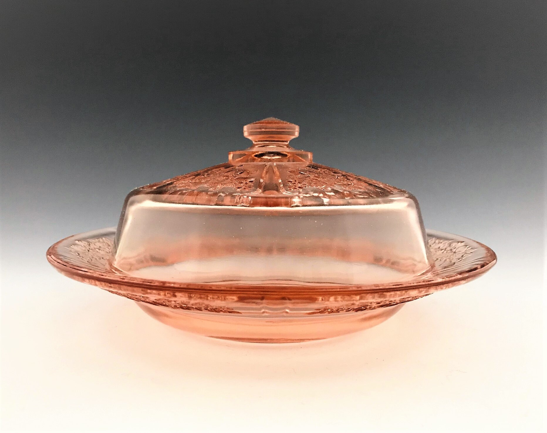 Federal Glass Sharon or Cabbage Rose Pattern Covered Butter Dish