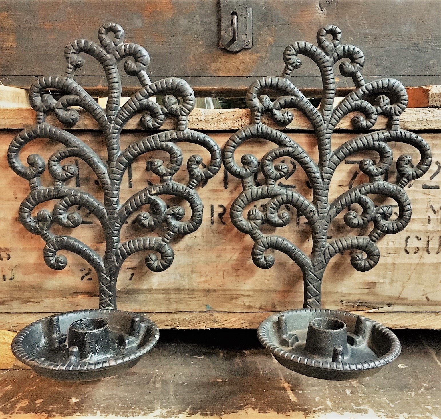 Vintage Cast Iron Candle Holders Wilton Tree of Life Design Heavy Metal Dark Chasers