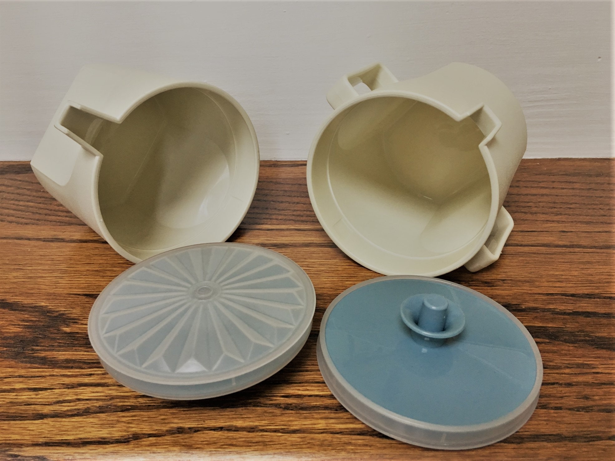 Vintage Tupperware Creamer and Sugar Bowl with Blue Servalier Lids