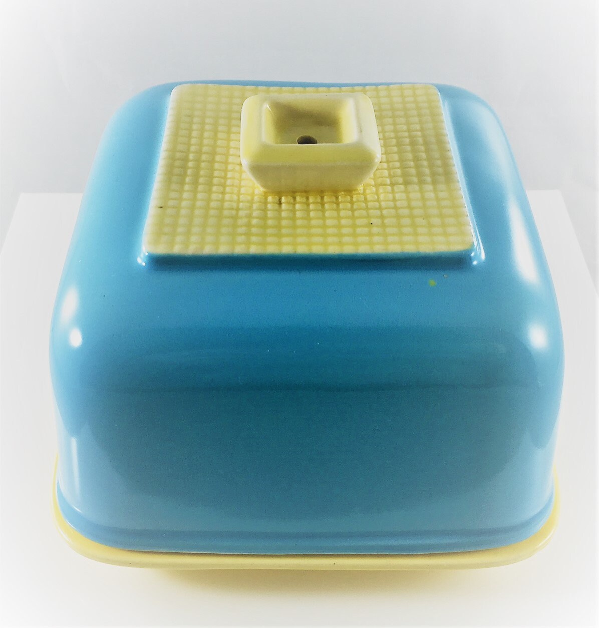 Vintage Mid Century Ceramic Butter Dish Covered Blue and Yellow