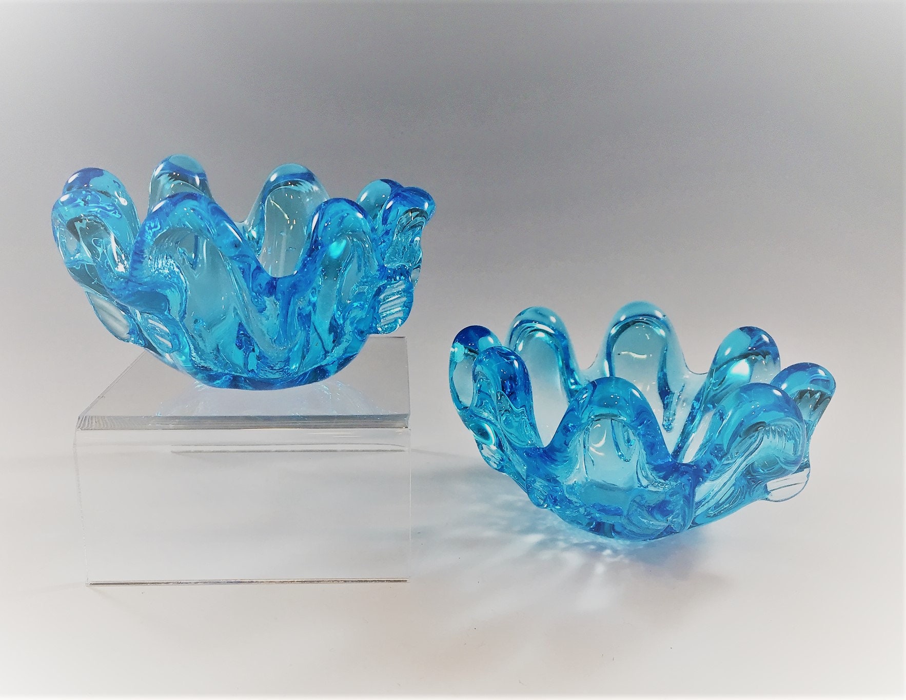 Set of Two Blue Art Glass Candle Bowls Stackable Candle Holders