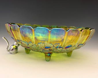 Indiana Glass Garland Pattern - Four-Toed Centerpiece Bowl With Fruit Motif - Iridescent Green Glass - Mid Century