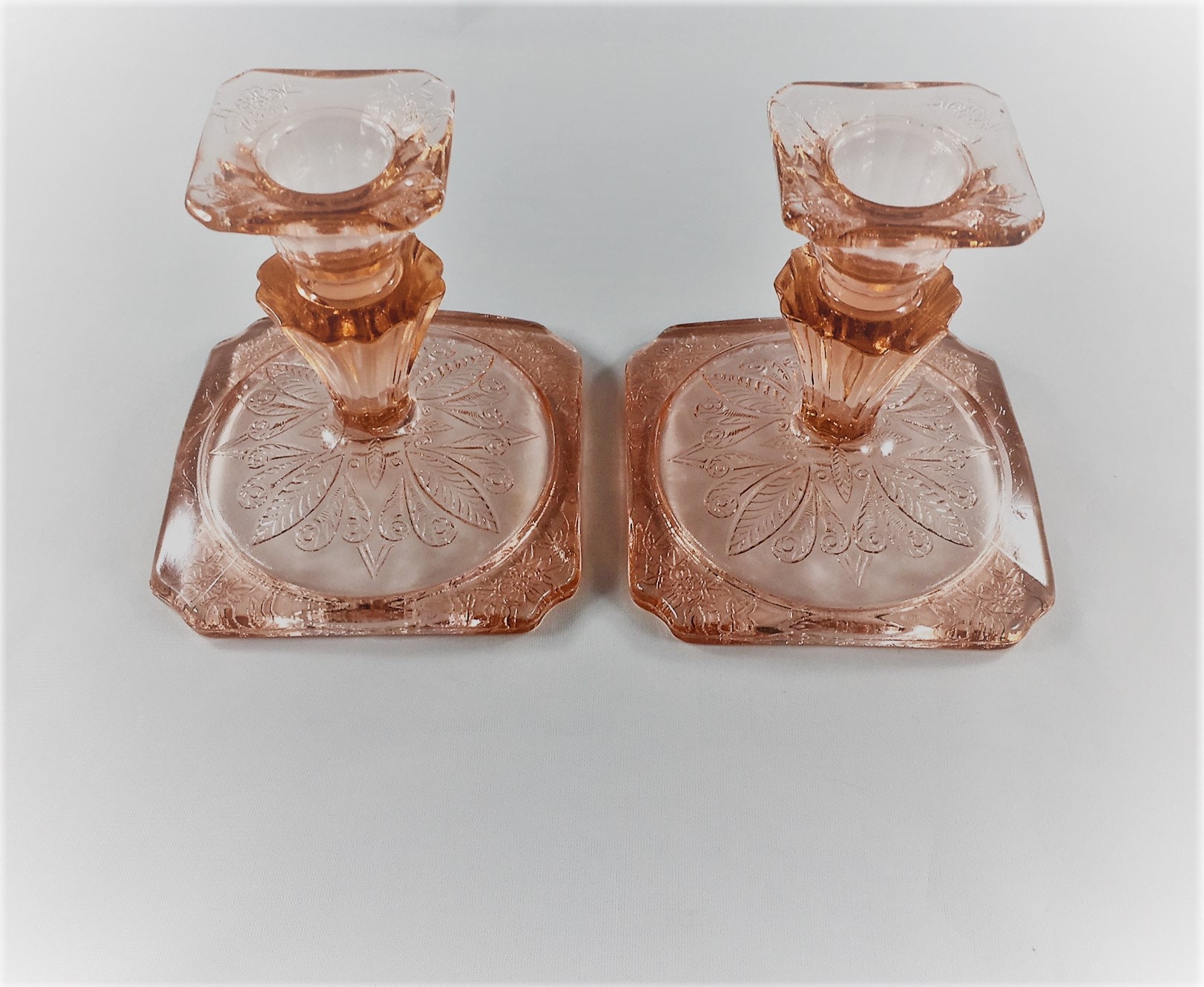 Set of Two Vintage Pink Depression Glass Candlestick Holders