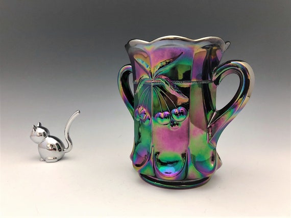 Mosser Amethyst Carnival Glass Handled Celery Vase - Cherry