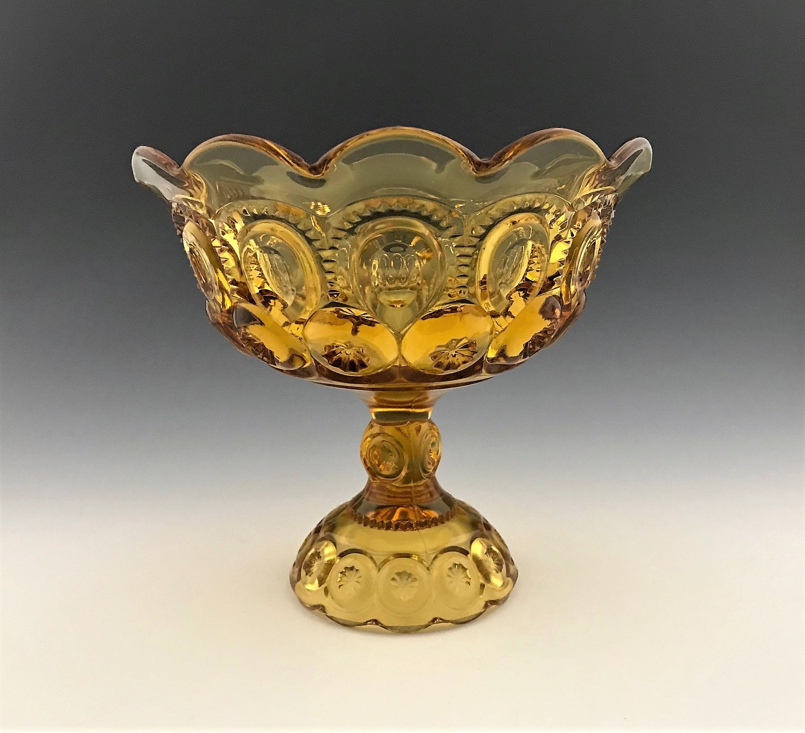 L E Smith Moon And Star Amber Crimped Compote No 4201 l-e-smith-moon-and-star-amber-crimped-compote-no-4201