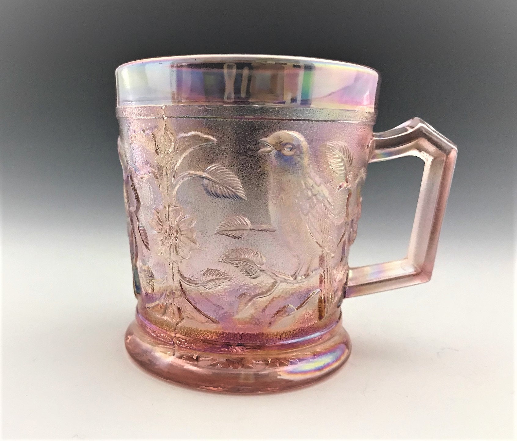 Pink Carnival Glass Mug Imperial Glass Robin Mug Iridescent Cup