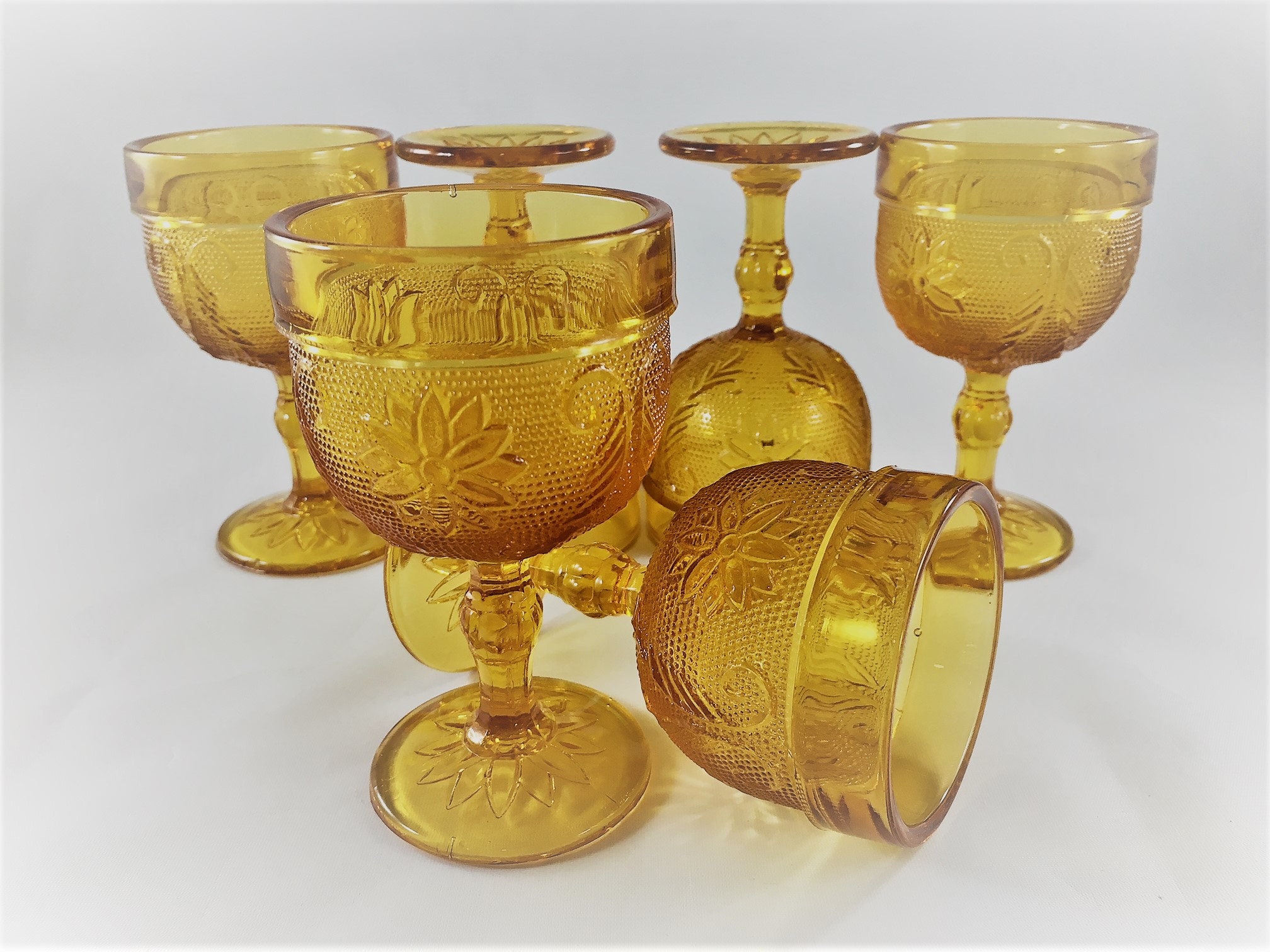 Set of 6 Vintage Tiara Amber Wine Glasses Indiana Glass Sandwich Glass