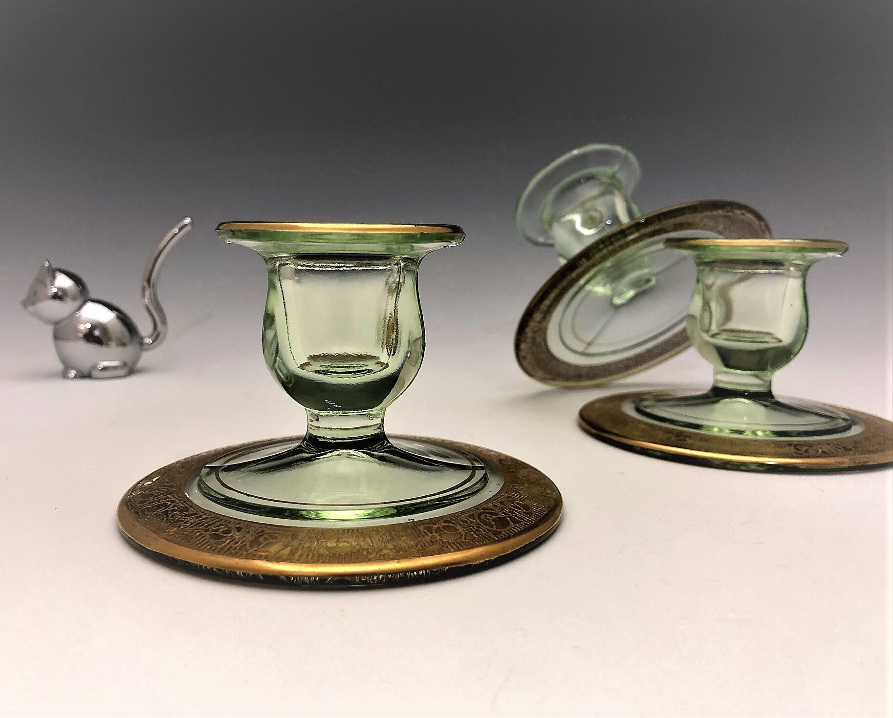 Set of 3 Uranium Glass Candle Holders Rambling Rose Gold Decoration