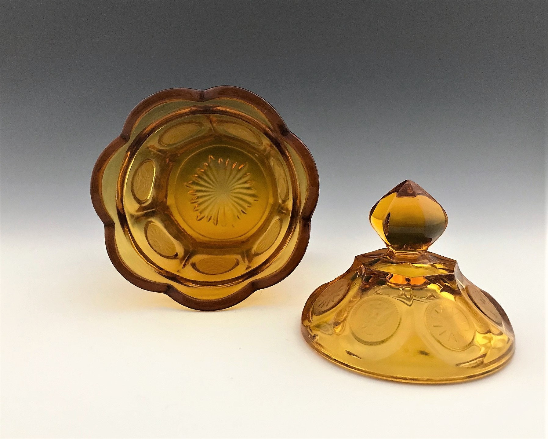 Fostoria Coin Glass Amber Candy Dish With Lid