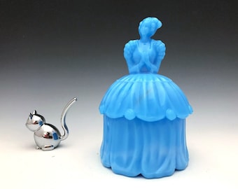 Akro Agate Puff Box - Colonial Lady Blue Milk Glass - Southern Belle